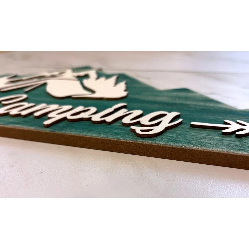 Gone Camping Sign Home Decor Green Mountain Shape Wood Plaque